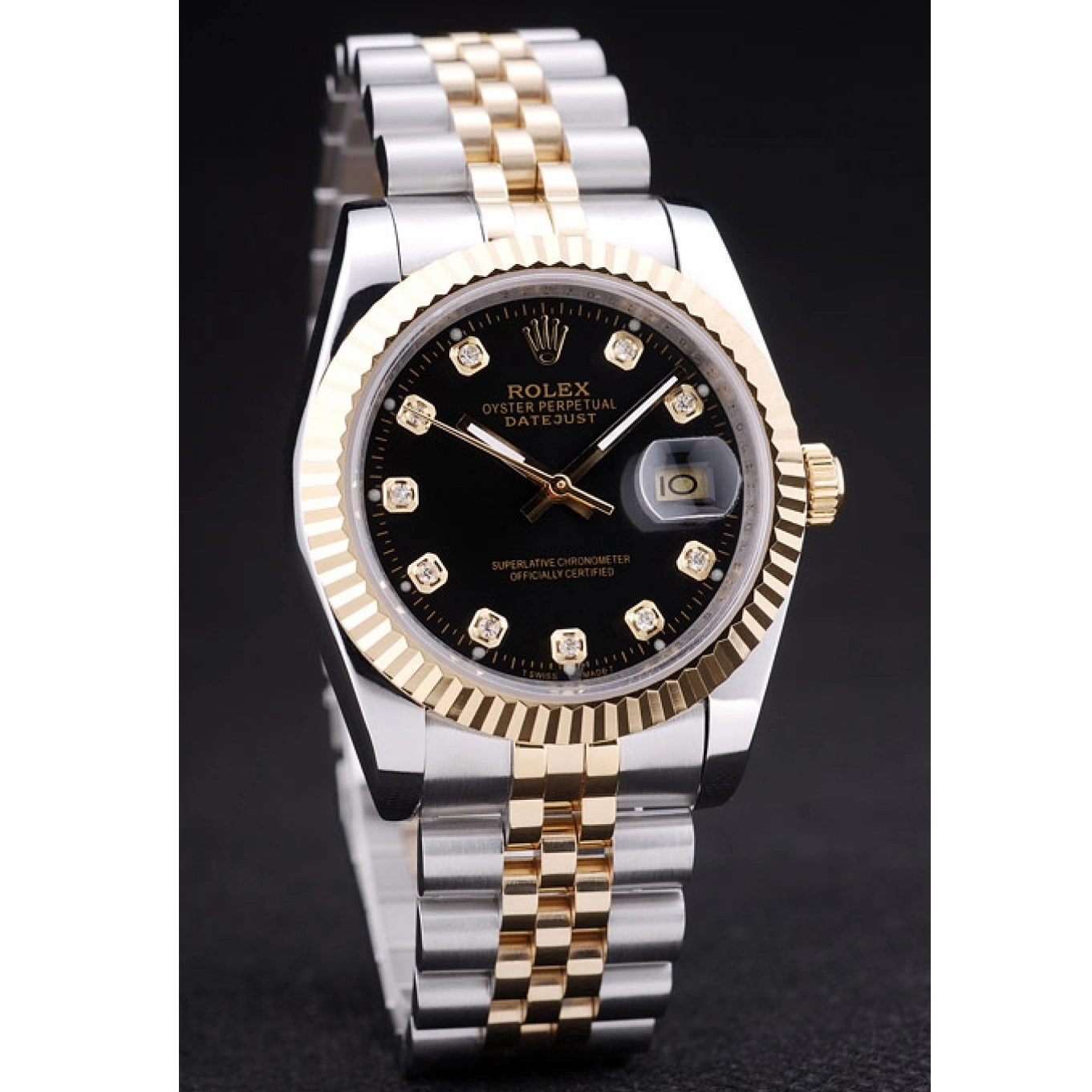 Aaa replica watch Dial Diamonds Bezel Ribbed Datejust 7453 Rolex Black 0708